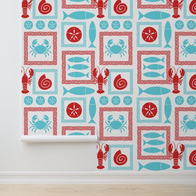 Preppy Coastal Patchwork Red & Turquoise         Wallpaper (Application)