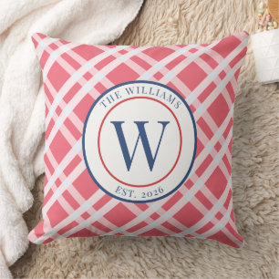 Preppy Coastal Pink Plaid Monogram Family Crest Cushion