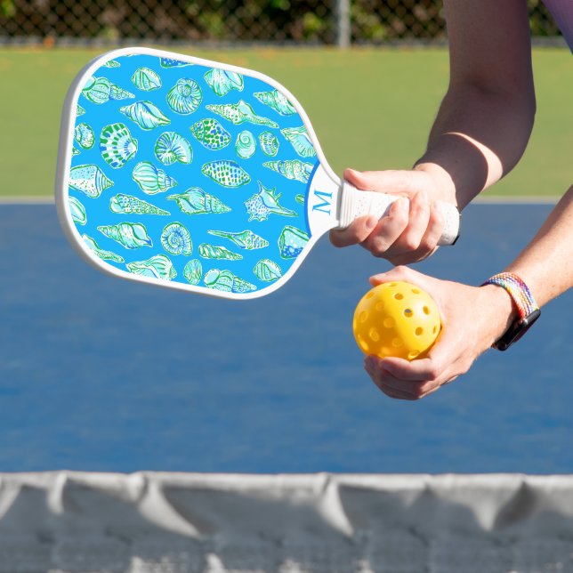 Preppy Coastal Sea Shells on Blue Seaside Monogram Pickleball Paddle (Insitu)