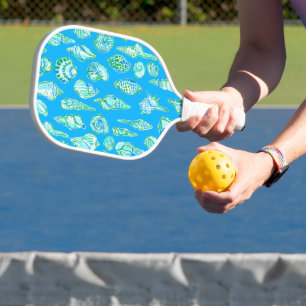 Preppy Coastal Sea Shells on Blue Seaside  Pickleball Paddle