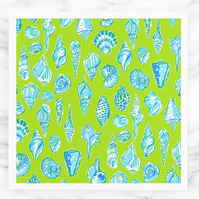 Preppy Coastal Sea Shells on Lime Green Seaside Napkin (Creator Uploaded)