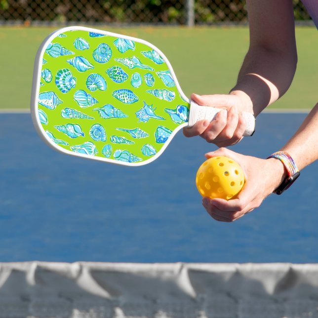 Preppy Coastal Sea Shells on Lime Green Seaside  Pickleball Paddle (Insitu)