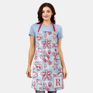 Preppy Coastal Seafood Gingham Kitchen Decor Apron