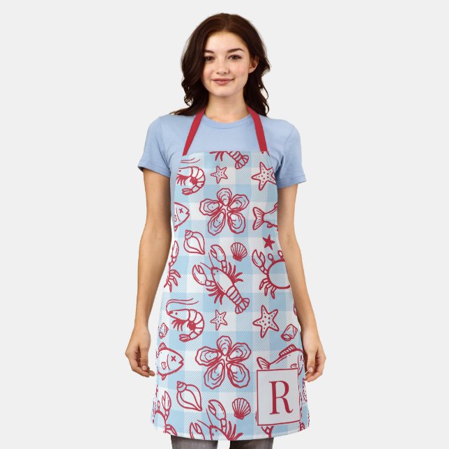 Preppy Coastal Seafood Gingham Kitchen Decor Apron (Worn)