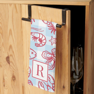 Preppy Coastal Seafood Gingham Kitchen Decor Tea Towel