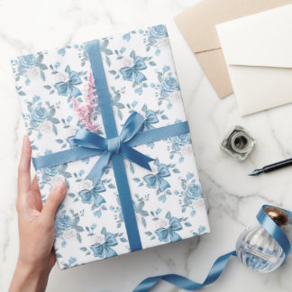 Preppy Coquette Blue Ribbon Bow Floral Pattern Wrapping Paper