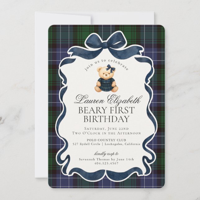 Preppy Coquette Bow Bear Beary First Birthday Invitation (Front)