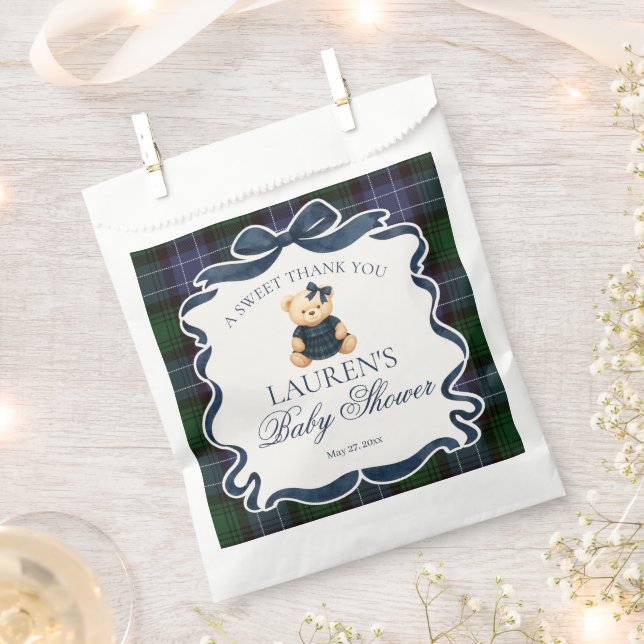 Preppy Coquette Bow Bear Plaid Baby Shower Dessert Favour Bags (Clipped)