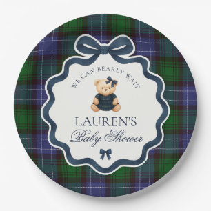 Preppy Coquette Bow Bear Plaid Baby Shower  Paper Plate