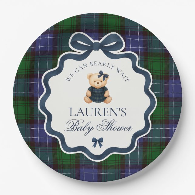 Preppy Coquette Bow Bear Plaid Baby Shower  Paper Plate (Front)