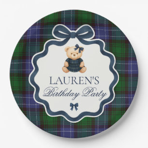 Preppy Coquette Bow Bear Plaid Birthday  Paper Plate