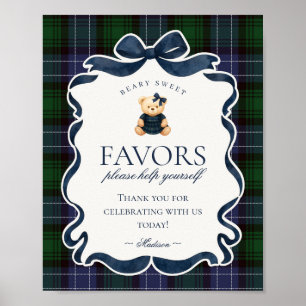 Preppy Coquette Bow Bear Plaid Party Favors Sign