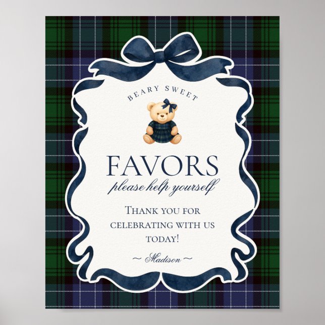 Preppy Coquette Bow Bear Plaid Party Favors Sign (Front)