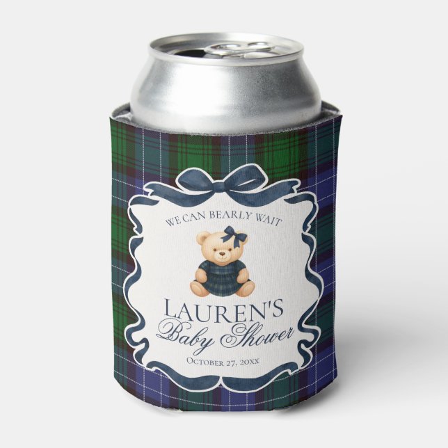 Preppy Coquette Bow Bear Tartan Baby Shower Favor Can Cooler (Can Front)