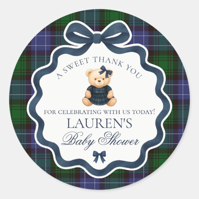 Preppy Coquette Bow Bear Tartan Baby Shower Favor Classic Round Sticker (Front)