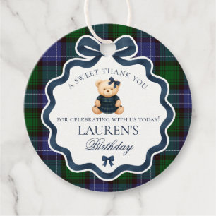 Preppy Coquette Bow Bear Tartan Birthday Circle Favour Tags