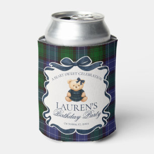 Preppy Coquette Bow Bear Tartan Birthday Favor Can Cooler