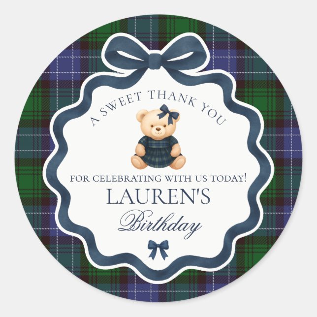 Preppy Coquette Bow Bear Tartan Birthday Favor Classic Round Sticker (Front)