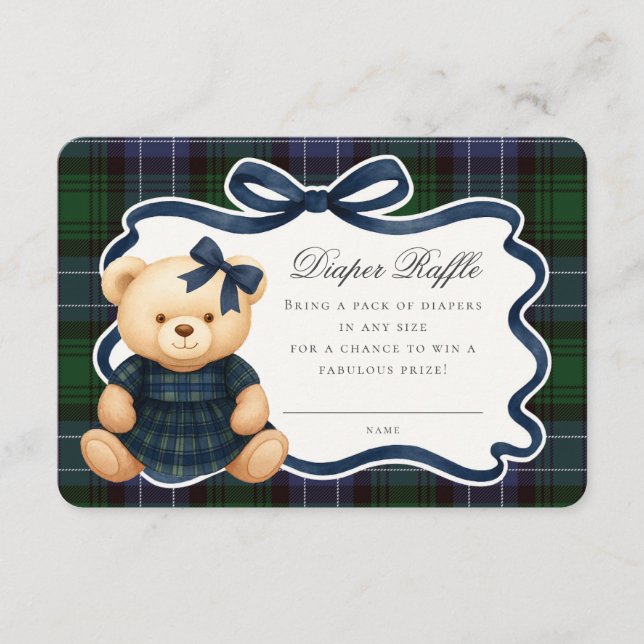 Preppy Coquette Bow Bear Tartan Diaper Raffle Card (Front)