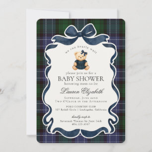 Preppy Coquette Bow Bear Tartan Plaid Baby Shower Invitation