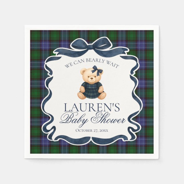 Preppy Coquette Bow Bear Tartan Plaid Baby Shower Napkin (Front)