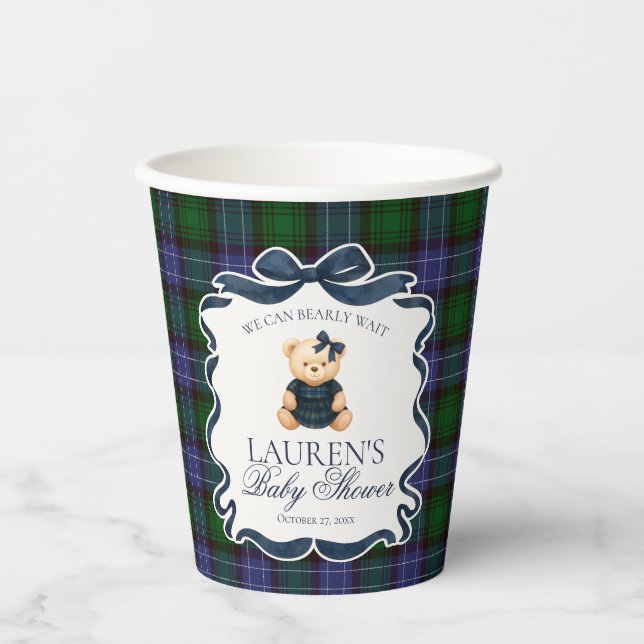 Preppy Coquette Bow Bear Tartan Plaid Baby Shower Paper Cups (Front)