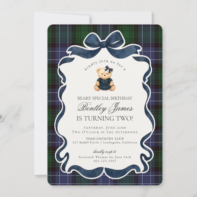 Preppy Coquette Bow Bear Tartan Plaid Birthday Invitation (Front)