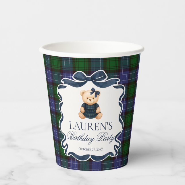 Preppy Coquette Bow Bear Tartan Plaid Birthday Paper Cups (Front)