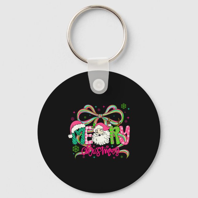 Preppy Coquette Bow Merry Christmas Santa Xmas Fam Key Ring (Front)