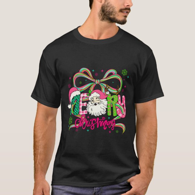 Preppy Coquette Bow Merry Christmas Santa Xmas Fam T-Shirt (Front)