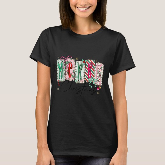 Preppy Coquette Merry Christmas Coquette Bow Girl  T-Shirt (Front)