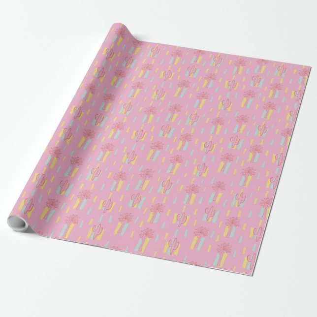 Preppy Coquette Retro Palm Trees & Cactus Pattern  Wrapping Paper (Unrolled)