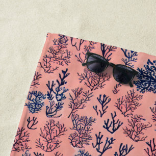 Preppy Coral Blue Pattern Beach Towel