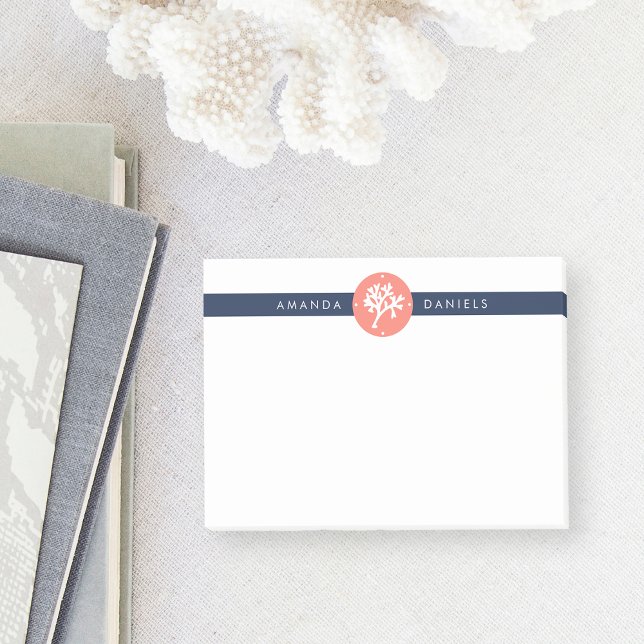 Preppy Coral Branch & Navy Stripe Post-it Notes (Creator Uploaded)