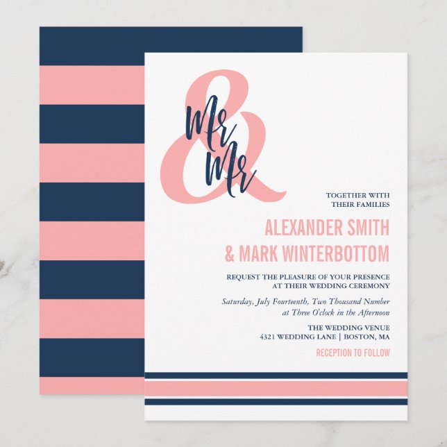 Preppy Coral & Navy Mr & Mr Wedding Invitation (Front/Back)