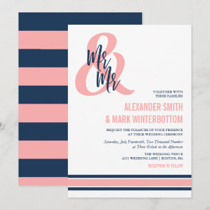 Preppy Coral & Navy Mr & Mr Wedding Invitation
