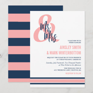 Preppy Coral & Navy Mr & Mrs Wedding Invitation