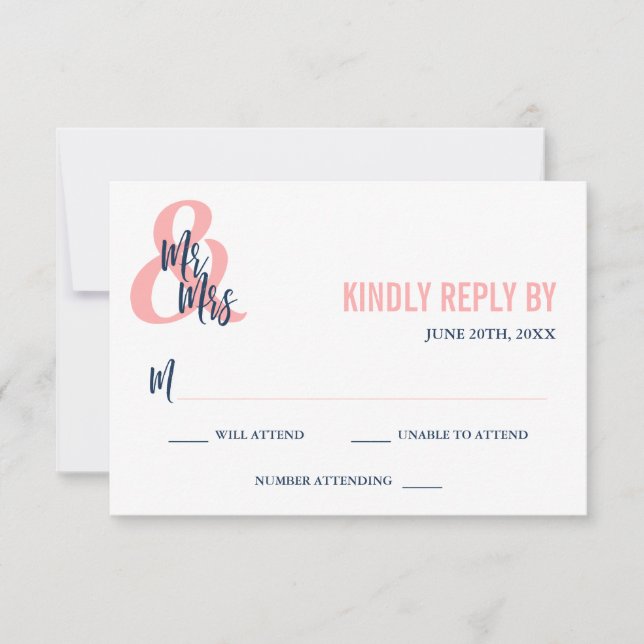 Preppy Coral & Navy Mr & Mrs Wedding RSVP Card (Front)
