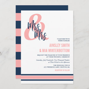Preppy Coral & Navy Mrs & Mrs Wedding Invitation