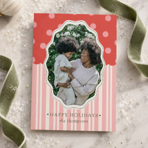Preppy Coral Pink Polka Dot & Stripe Holiday Photo Card