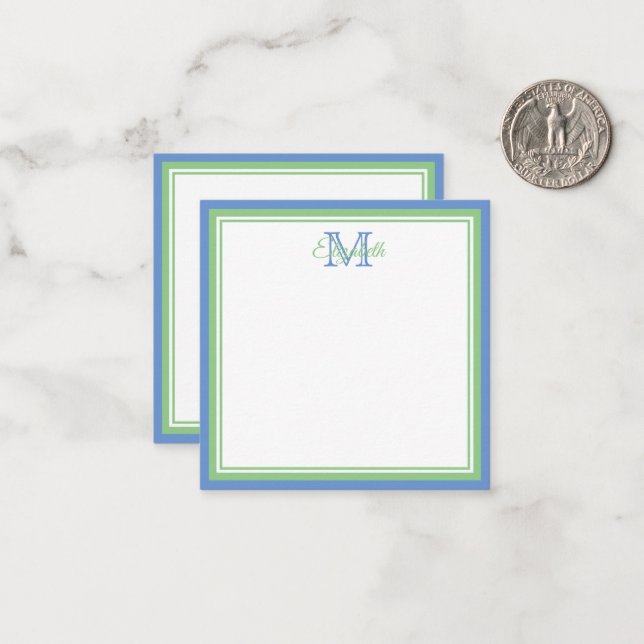 Preppy Cornflower Blue and Sage Green Monogram Card (Front/Back In Situ)