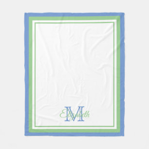 Preppy Cornflower Blue and Sage Green Monogram Fleece Blanket