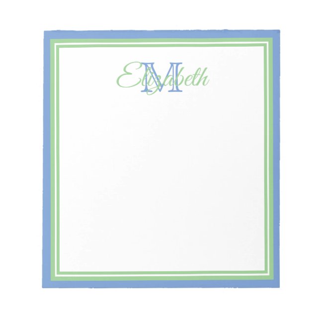 Preppy Cornflower Blue and Sage Green Monogram Notepad (Front)