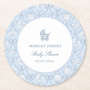 Preppy Couquette Coastal Baby Shower Round Paper Coaster