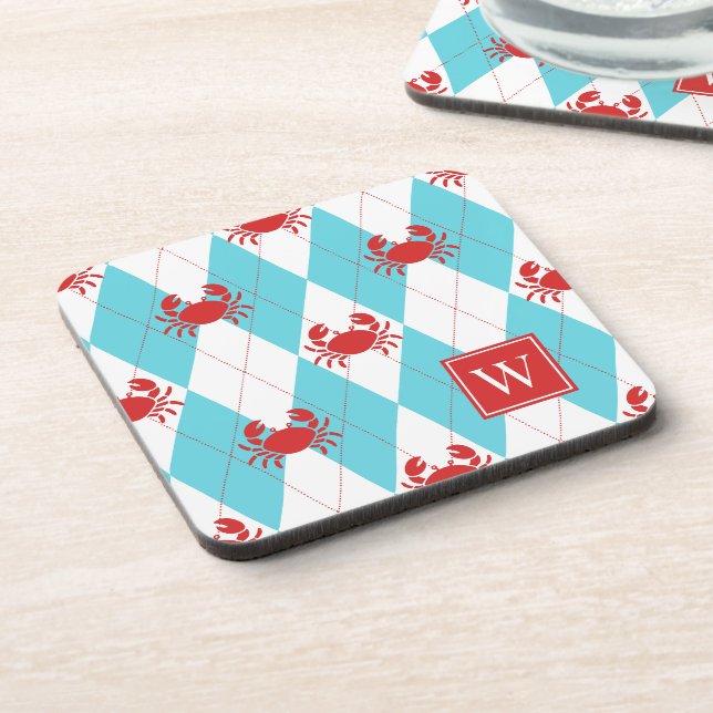 Preppy Crab Argyle Red & Turquoise Monogram Coaster (Left Side)
