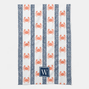 Preppy Crab Greek Key Coral & Navy Monogram Tea Towel