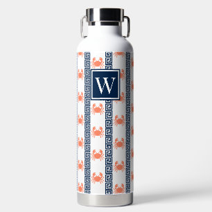 Preppy Crab - Greek Key Coral & Navy Monogram Water Bottle