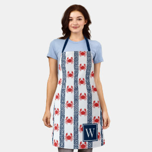 Preppy Crab Greek Key - Red & Navy Monogram Apron