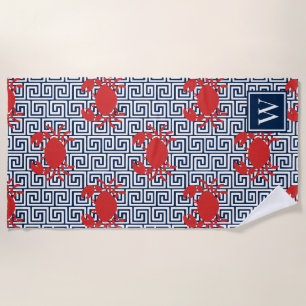 Preppy Crab Greek Key - Red & Navy Monogram Beach Towel