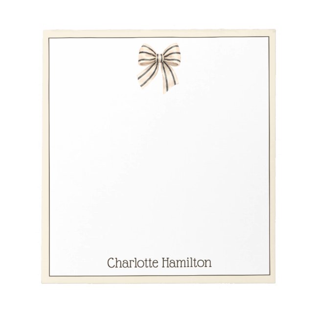 Preppy Cream and Black Stripe Bow Notepad (Front)